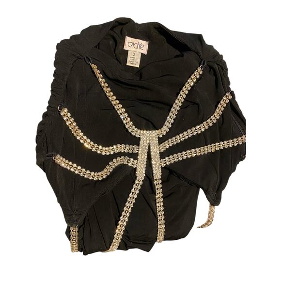 Cache Bodycon Ruched Mini Dress US 2 Black Open Back Rhinestone Party Black Tie - Picture 7 of 11